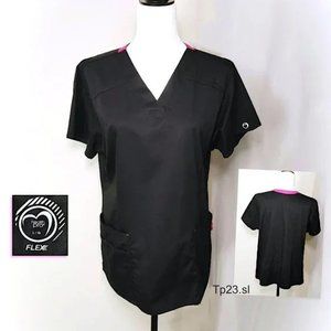 HEALTH PRO Flex Black Pink Trim Medical Top Uniform Pullover V-Neck Pockets Sz L